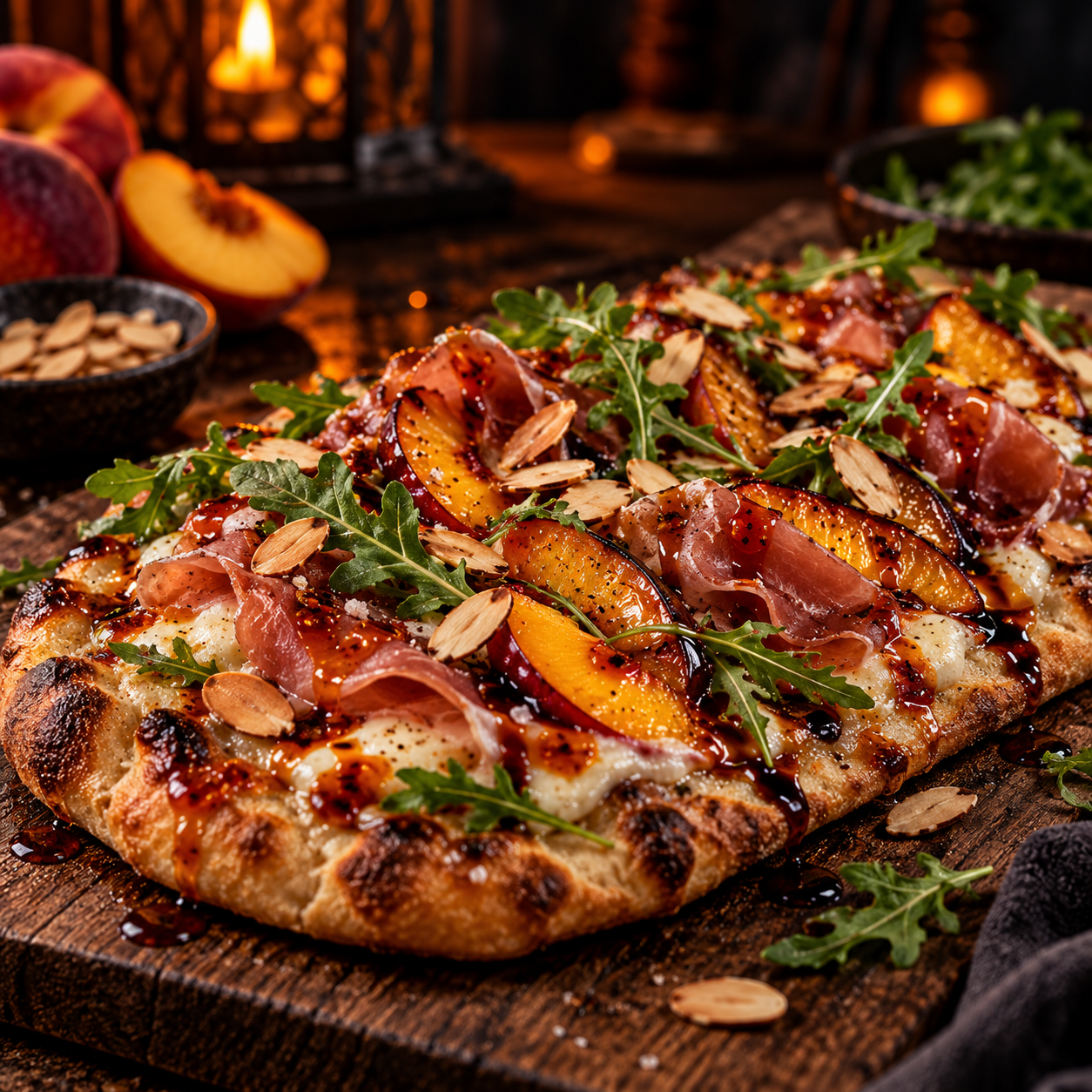 Amaretto Ghost Fire Peach & Prosciutto Flatbread